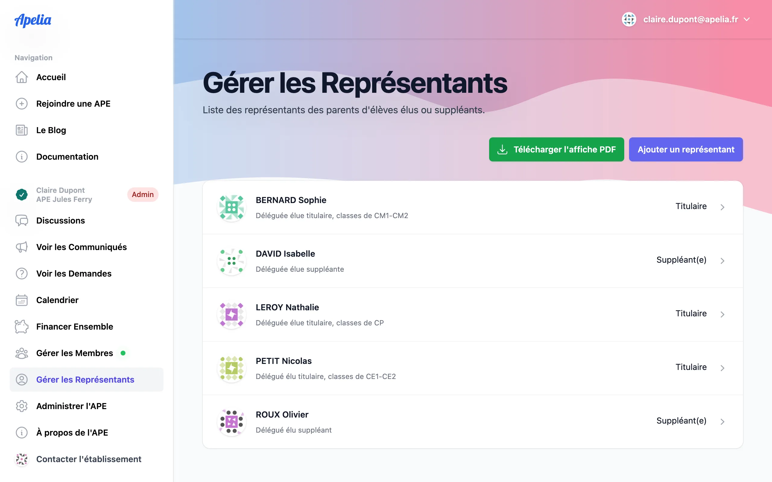 Écran de gestion des représentants de parents d'élèves d'une APE, par établissement et par conseil.