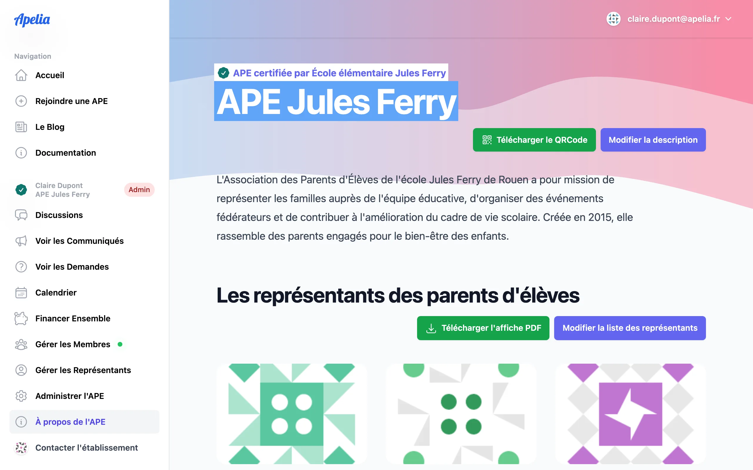 Page d'administration d'une association de parents d'élèves sur Apelia, avec le menu de navigation et les sections de réglage de l'association.