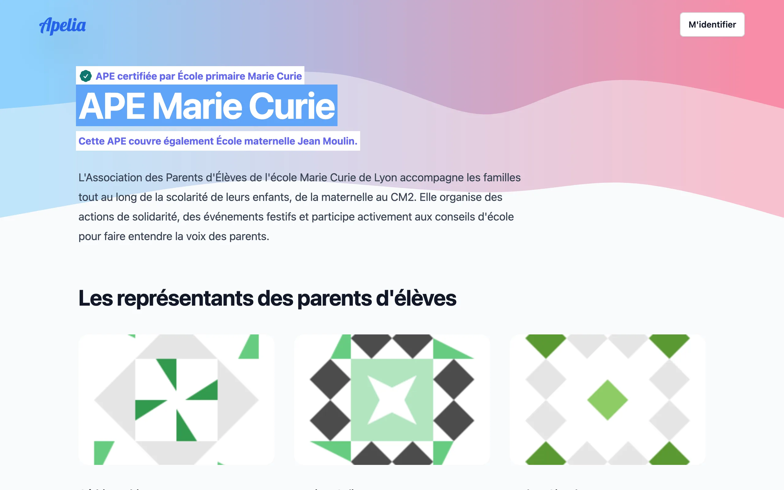 Page publique d'une association de parents d'élèves certifiée sur Apelia, avec son badge de certification.