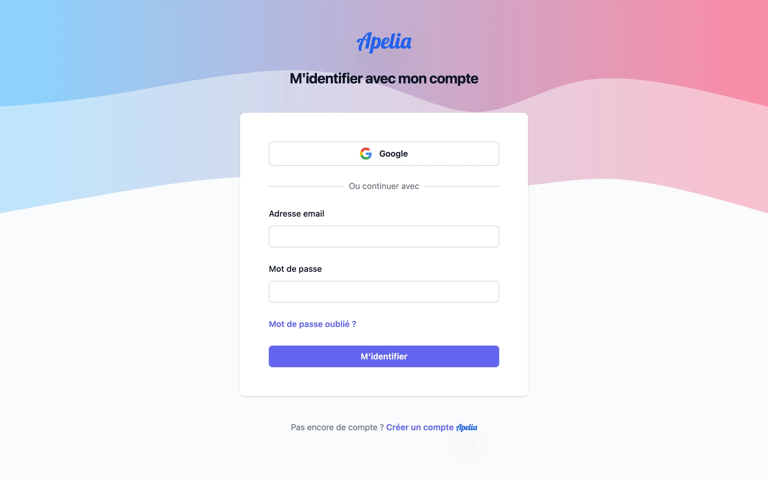 Écran de connexion à Apelia avec les champs adresse e-mail et mot de passe, le bouton Google et le lien de mot de passe oublié.