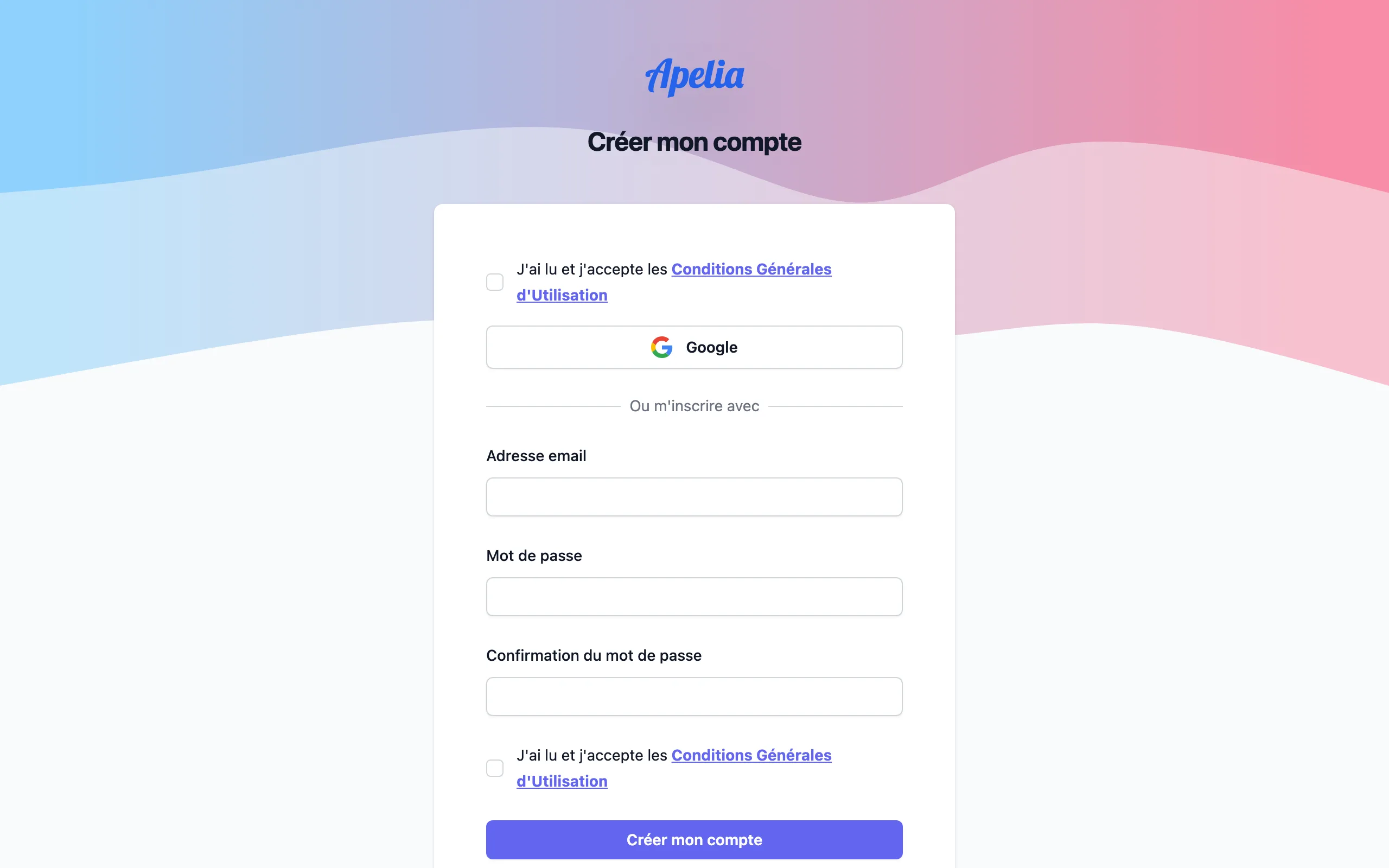 Formulaire de création de compte Apelia : bouton de connexion Google, champs adresse e-mail, mot de passe et confirmation, case d'acceptation des conditions générales.