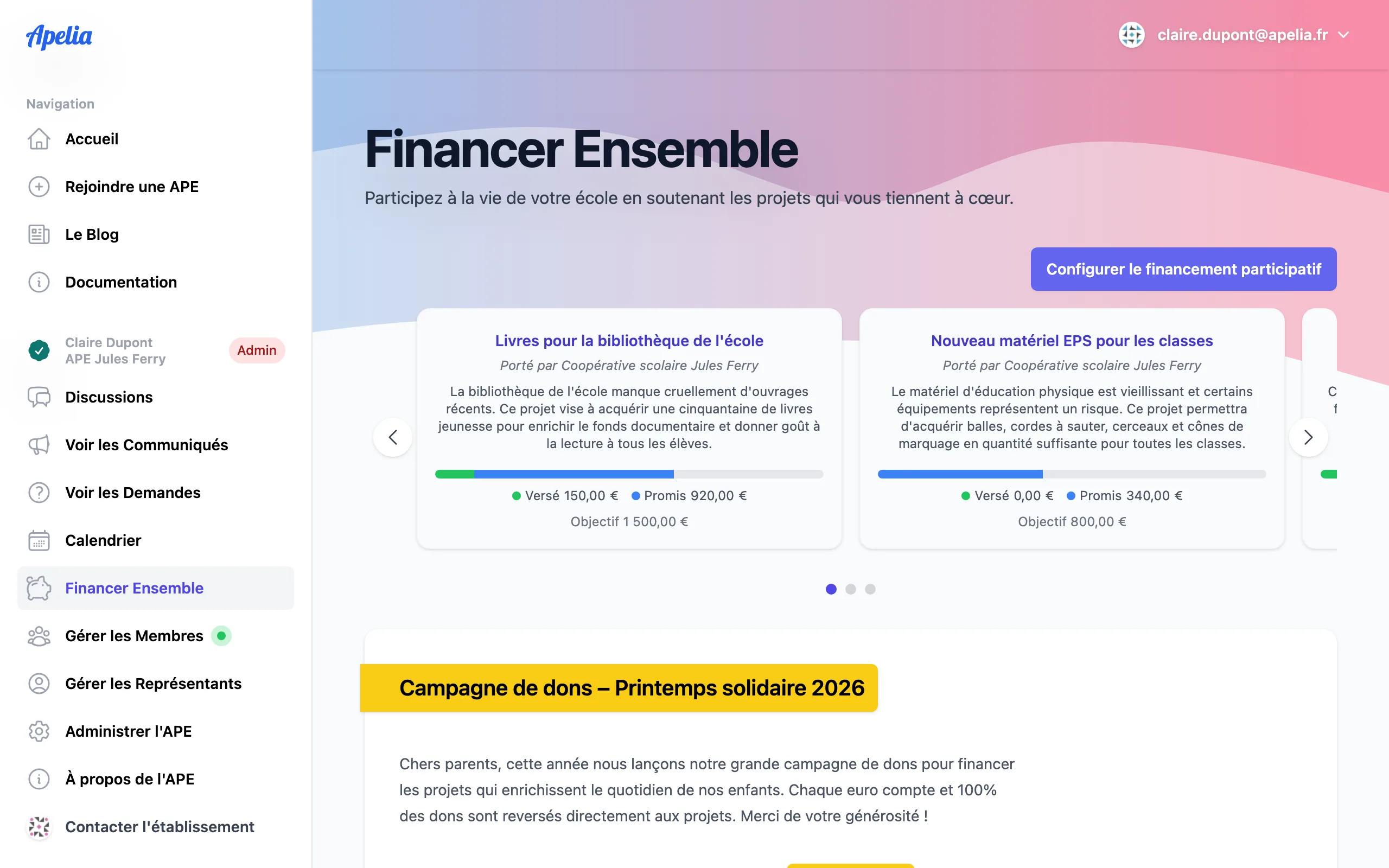 Tableau de bord Financer Ensemble d'une association de parents d'élèves, avec les projets à financer et l'avancement des collectes.