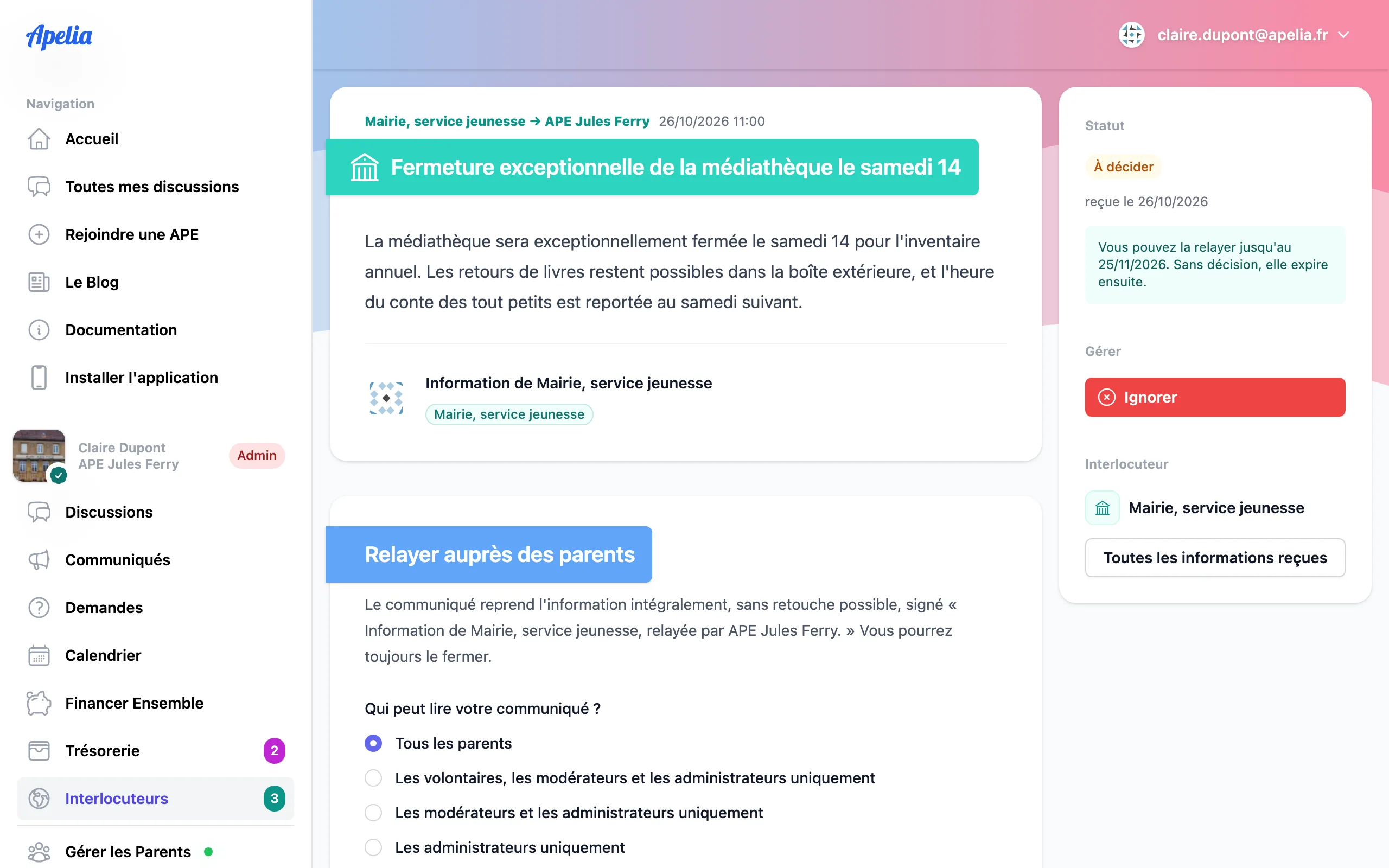 Information reçue de la mairie, à décider : son texte, sa date limite, et le formulaire « Relayer auprès des parents » avec le choix des lecteurs.