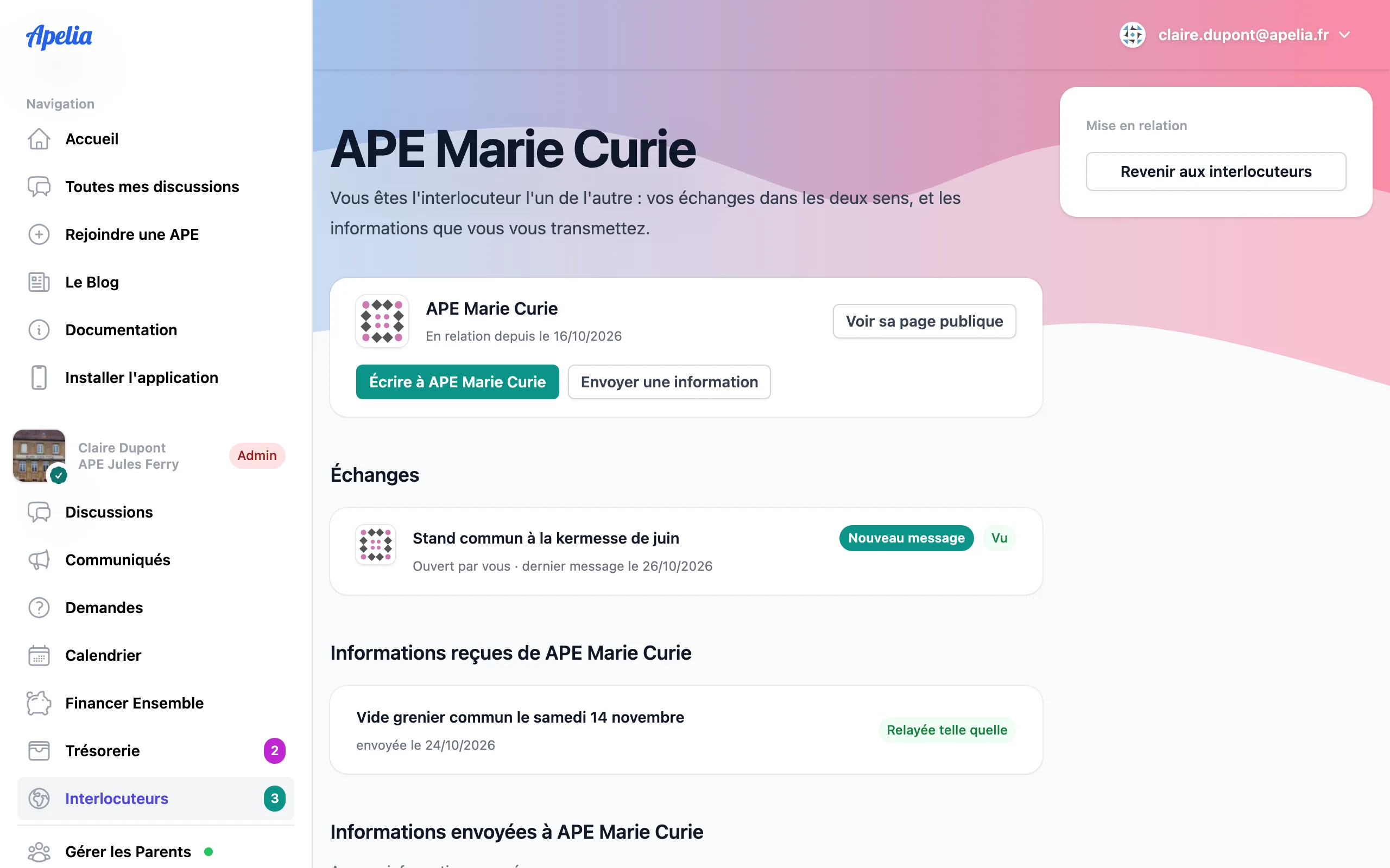 Page d'une relation entre deux APE : l'APE Marie Curie, un échange sur un stand commun à la kermesse, et une information sur un vide grenier commun relayée telle quelle.