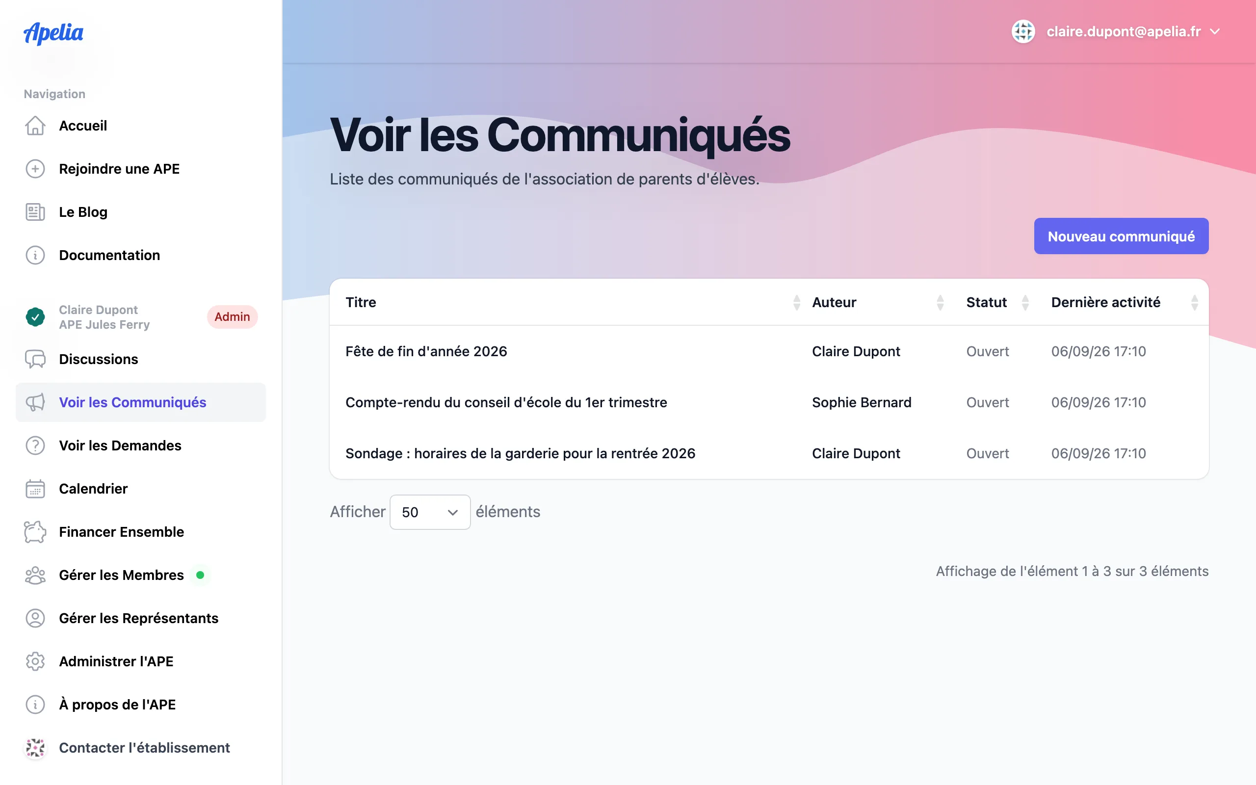 Liste des communiqués d'une association de parents d'élèves dans Apelia, avec le titre, l'auteur, le statut et la date de dernière activité.