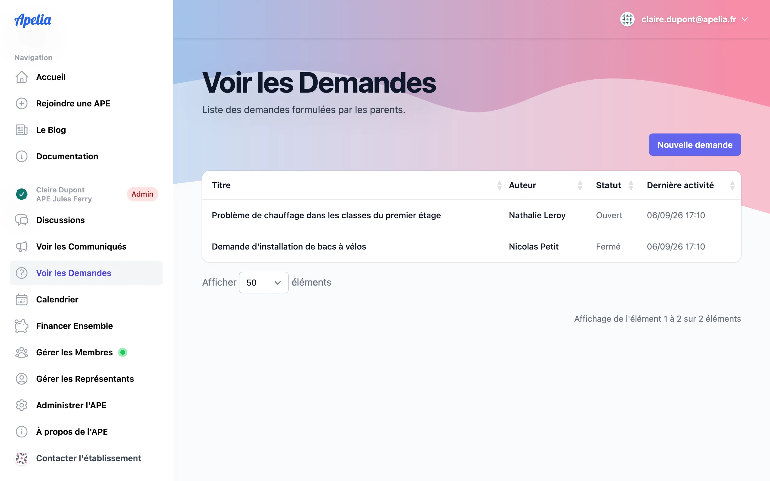 Liste des demandes adressées par les parents à leur association dans Apelia, avec leur statut de modération.