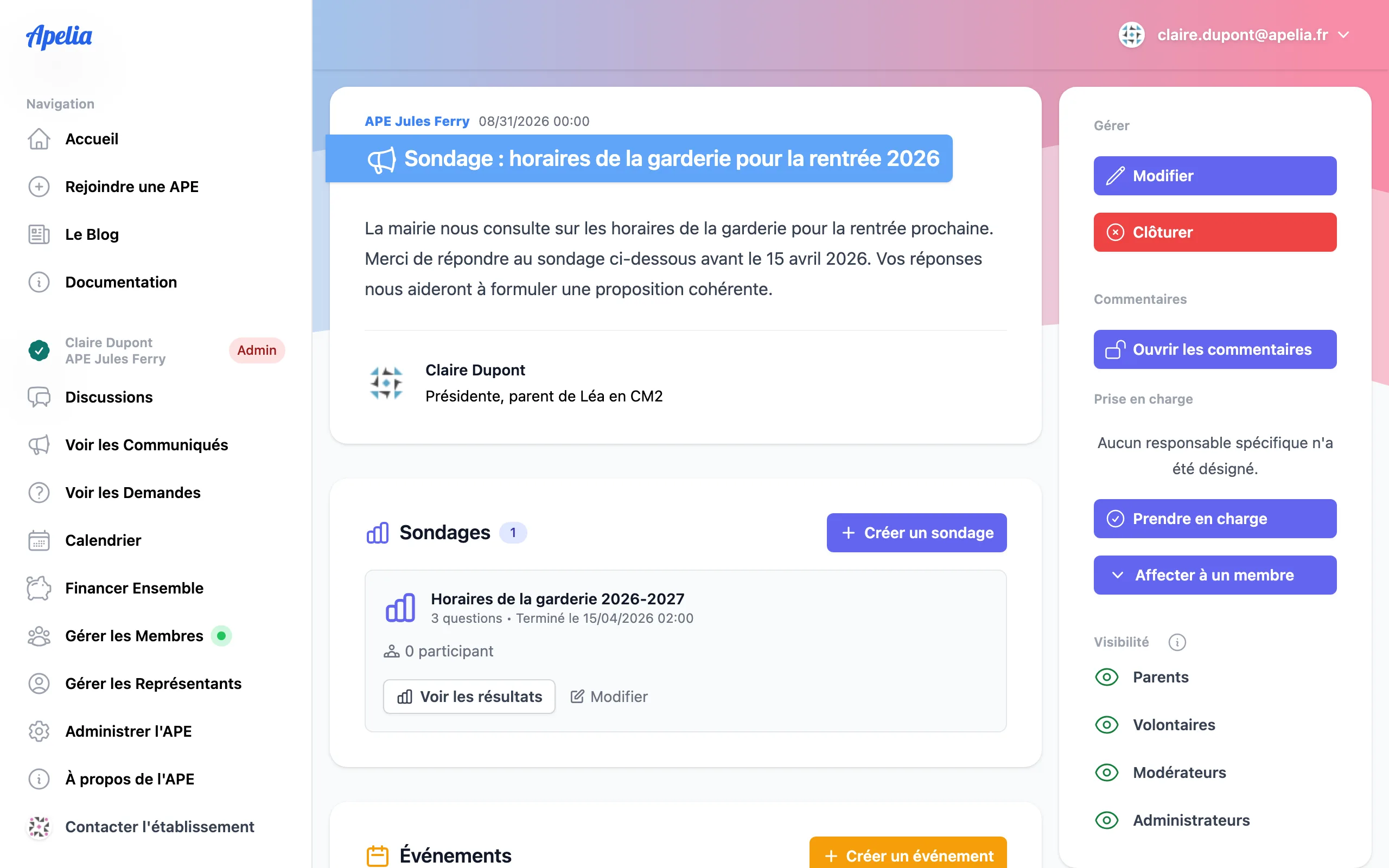 Communiqué Apelia contenant un sondage sur les horaires de la garderie, avec ses questions et le bouton de participation.
