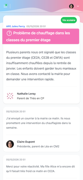 Maquette mobile Apelia montrant un ticket parent avec suivi de statut