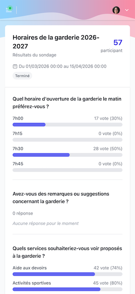 Maquette mobile Apelia avec sondage parent et résultats visibles
