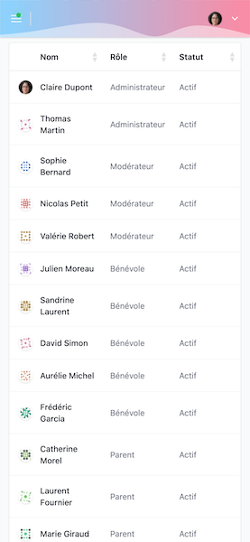 Maquette mobile Apelia montrant un écran d'adhésion et de gestion des rôles