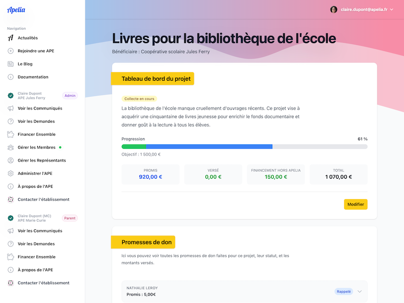 Maquette desktop Apelia avec tableau de bord de collecte pour projets scolaires