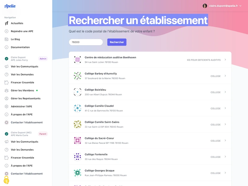 Maquette desktop Apelia avec annuaire des établissements scolaires