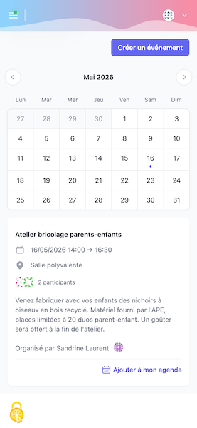Maquette mobile Apelia montrant le calendrier partagé des événements de l'APE