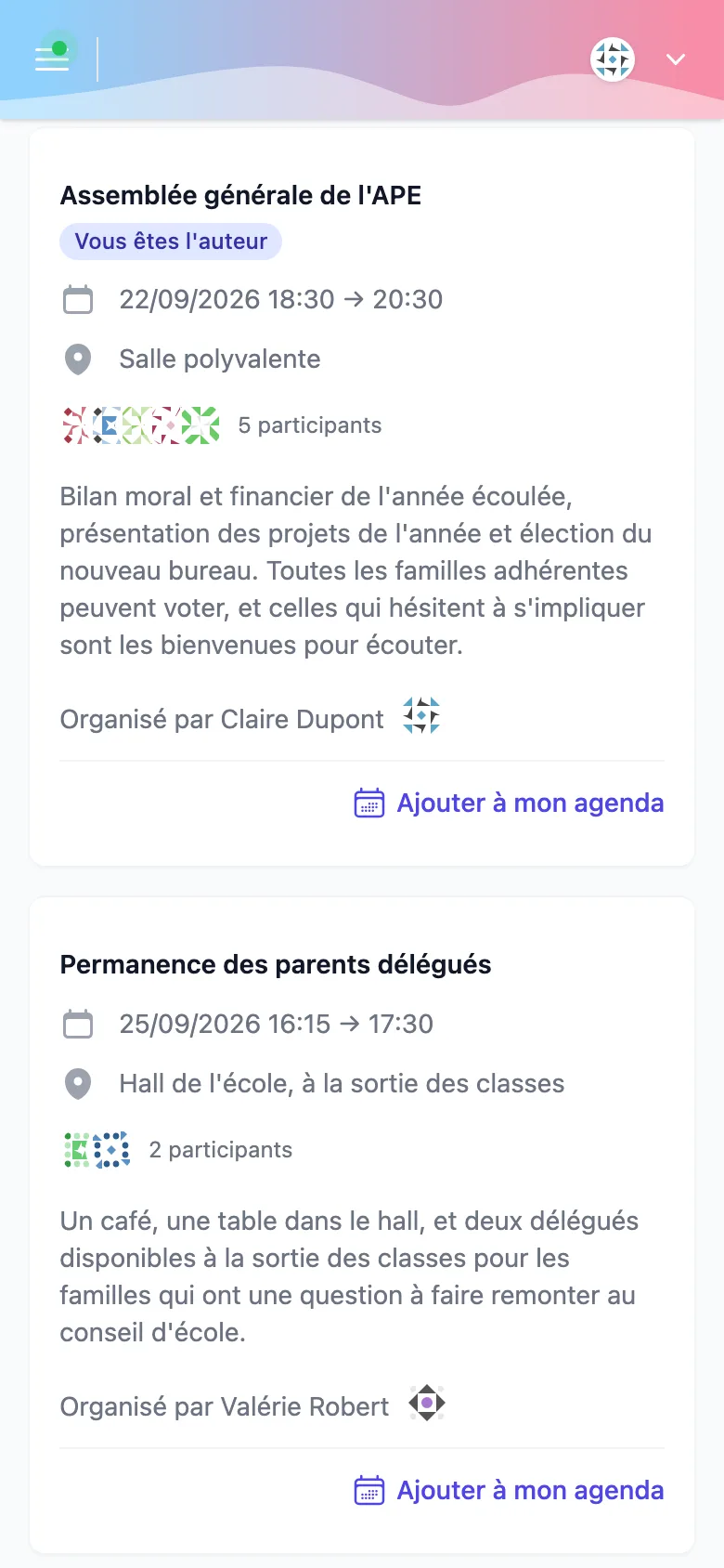 Assemblée générale de l'APE dans le calendrier, sur un téléphone, avec son bouton Ajouter à mon agenda