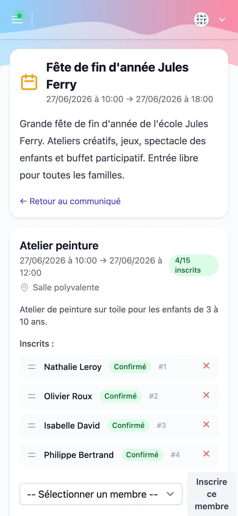 Fête de fin d'année sur un téléphone, avec l'atelier peinture, ses places et la liste de ses inscrits