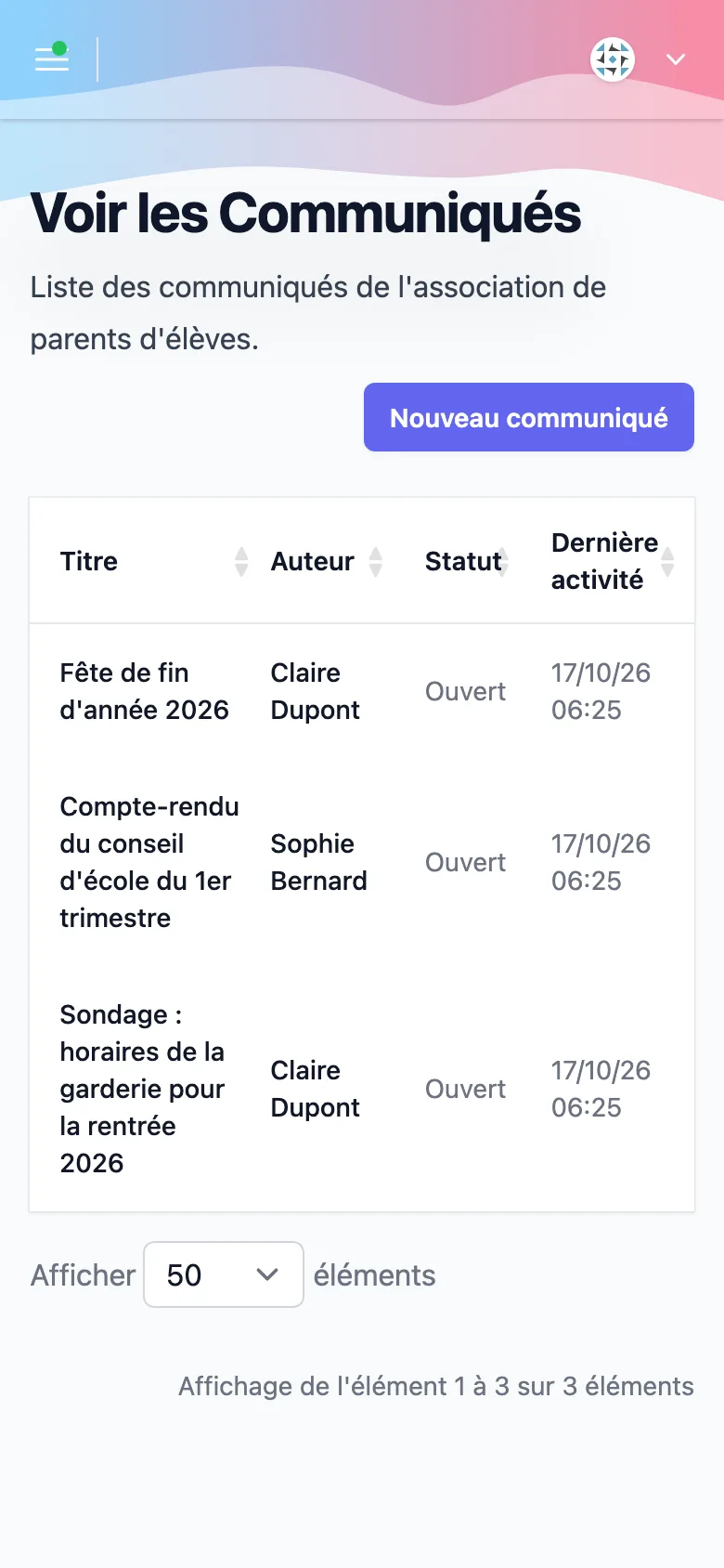 Liste des communiqués de l'APE Jules Ferry sur un téléphone, avec leur auteur et leur date