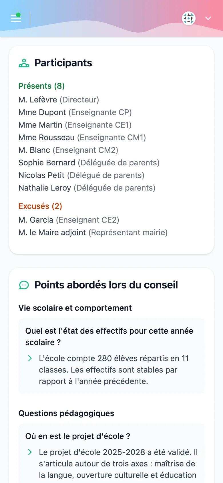 Compte rendu du conseil d'école du 14 novembre sur un téléphone, avec ses participants et les points abordés
