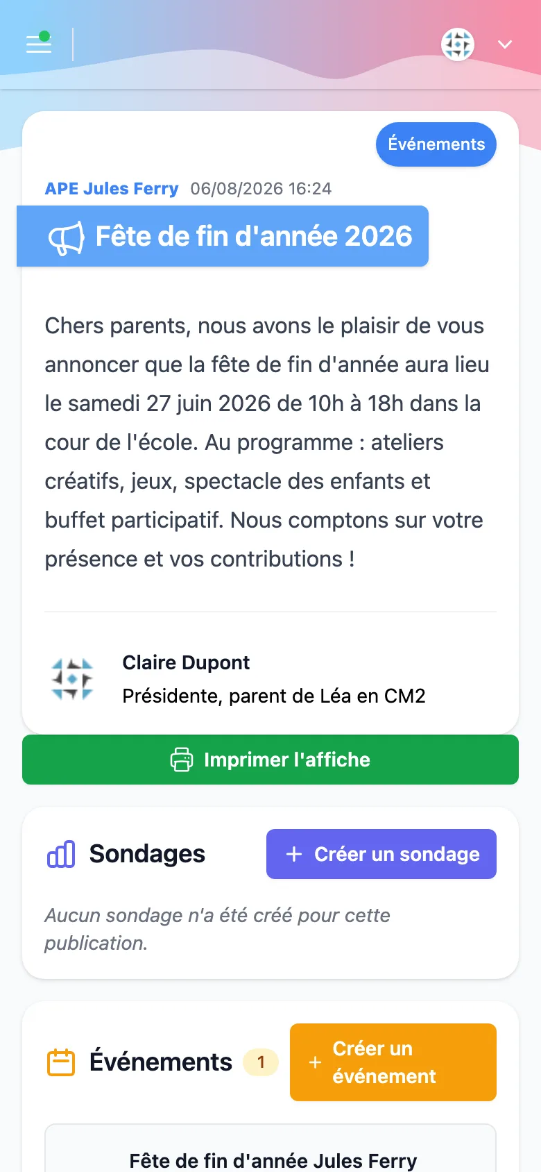 Communiqué de l'APE Jules Ferry affiché sur un téléphone, avec son auteur et l'événement qui lui est rattaché