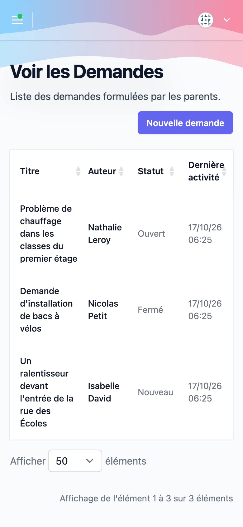 Liste des demandes de l'APE Jules Ferry sur un téléphone, chacune avec son statut
