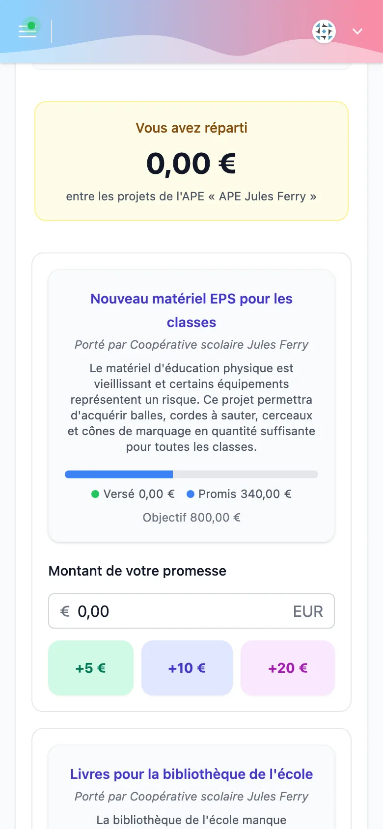 Promesse de don sur un téléphone, avec un projet porté par la coopérative scolaire Jules Ferry