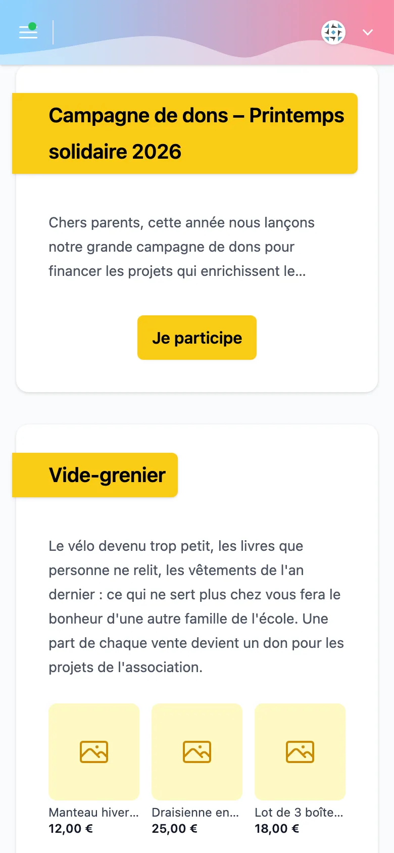Page Financer ensemble sur un téléphone, avec la campagne de dons du printemps et le vide-grenier