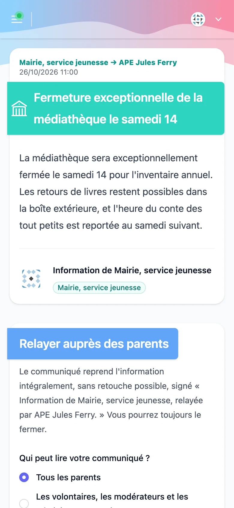 Information de la mairie sur la fermeture exceptionnelle de la médiathèque, à relayer ou non, sur un téléphone
