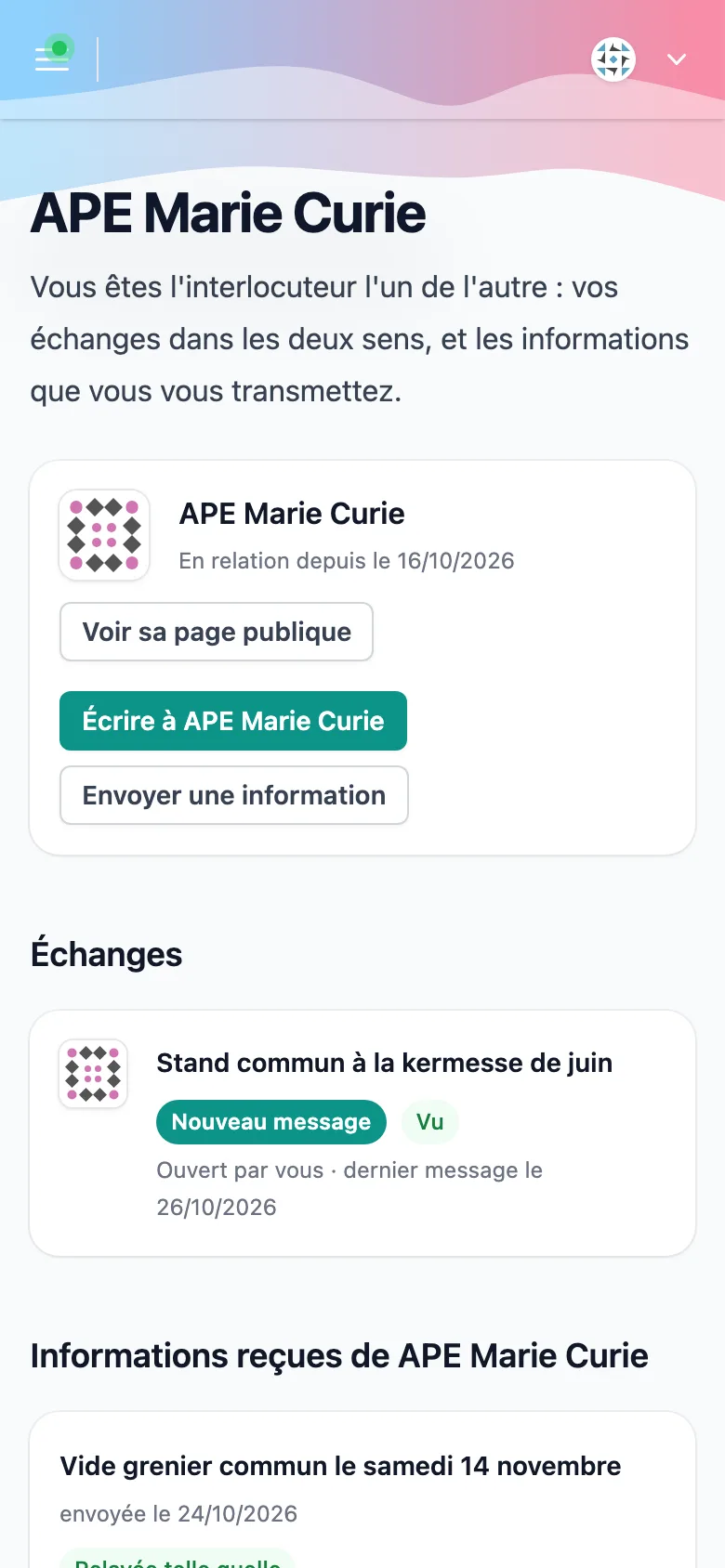 Page de la relation entre l'APE Jules Ferry et l'APE Marie Curie sur un téléphone, avec leurs échanges et leurs informations
