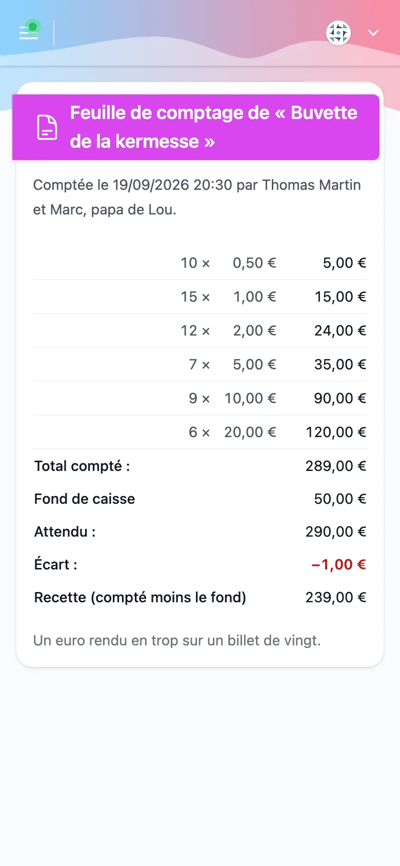 Feuille de comptage de la buvette de la kermesse sur un téléphone, coupure par coupure, avec le total et l'écart